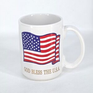 God Bless USA American Flag Coffee Mug Patriotic Ceramic Cup Red White Blue VTG